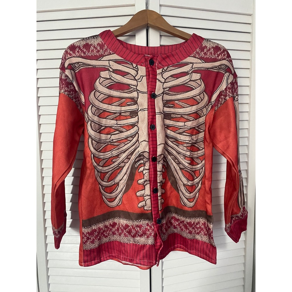 Skeleton Rib Cage Graphic Print Button Up Cardigan Red Orange Gothic Size M